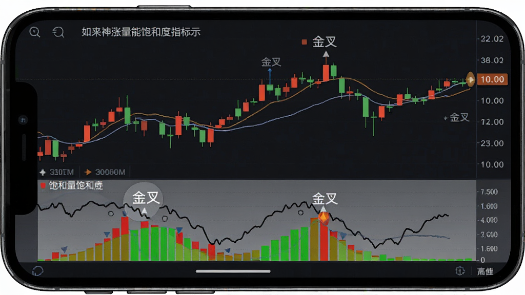 如来神涨量能饱和度指标展示图,主体为手机横屏K线图界面,副图区域显示红绿色饱和度柱状图,并标注“金叉”文字,布局左右分布,排版专业,风格深色背景,细节突出指标变色过程,画质高清干净,无多余元素