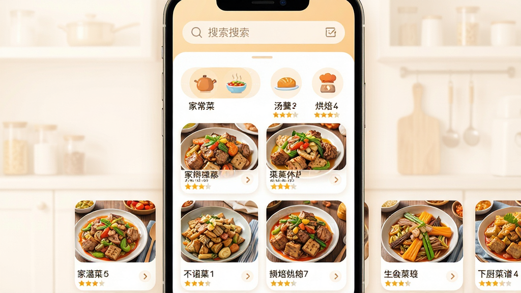 主体:下厨菜谱大全应用界面,展示丰富菜谱列表与精美菜品图片。布局:上方为搜索栏,中部为分类图标(家常菜、汤羹、烘焙等),下方为推荐菜谱卡片流。排版:清晰栅格布局,卡片圆角,文字简洁。风格:明亮温馨,食物摄影风格,色彩鲜艳。细节:每张菜品图片旁标注菜名与难度星级,界面干净无多余元素。画质:高清细腻,光线柔和,干净无多余元素。