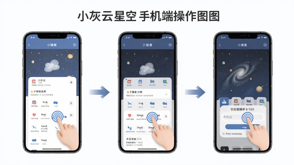 小灰云星空手机端操作教程图解,主体为手机界面操作步骤示意,布局采用步骤流程图式,排版清晰,风格简洁明亮,细节包含点击手势和箭头指引,画质高清,干净无多余元素