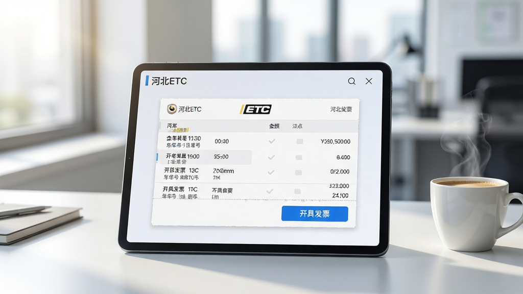 主体:一台平板电脑斜放于办公桌上,屏幕显示“河北ETC”的电子发票预览页面,票面包含通行记录列表与“开具发票”按钮。布局:平板居中,屏幕内容清晰展示,右侧放有一杯咖啡,背景为模糊的办公室窗景。排版:平板屏幕占75%,咖啡杯占10%,背景虚化占15%。风格:明亮通透的办公商务风,自然光从左侧窗户照入,色调清新淡雅。细节:屏幕中发票金额、时间、车牌号等文字可读;“开具发票”按钮为蓝色高亮;咖啡杯冒着热气,增加生活气息。画质:超清画质,色彩真实,无多余元素。