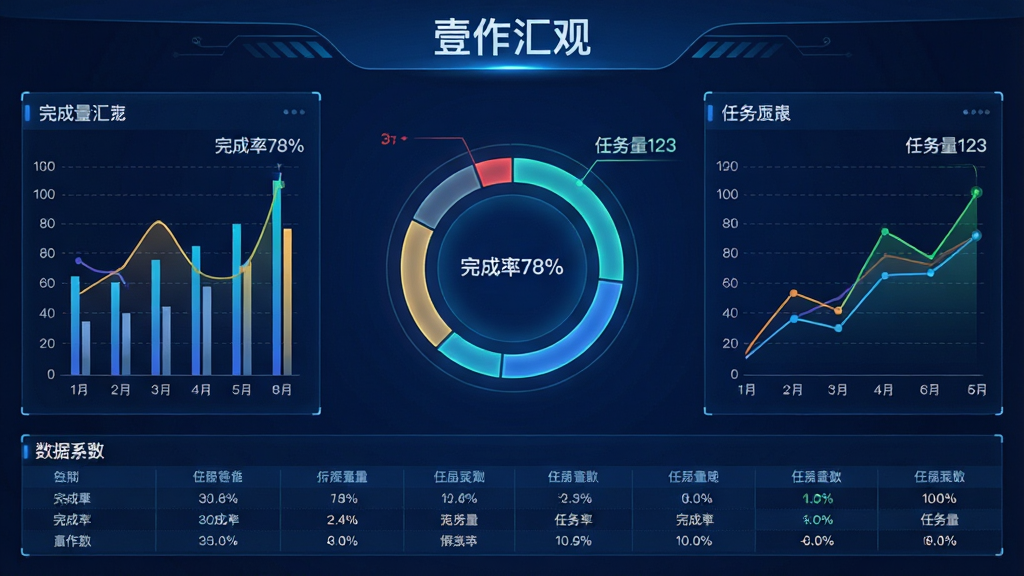 主体:“壹作汇观”数据报表界面,大屏上显示多种统计图表。布局:中央是环形图,两侧为柱状图和折线图,底部有数据表格。排版:信息层级分明,主次有序。风格:科技感商务风,深蓝色背景,亮色数据线条。细节:图表边缘有微光效果,数据标签清晰显示“完成率78%”、“任务量123”,图表区域有辅助网格线。画质:超清,干净,无多余元素。