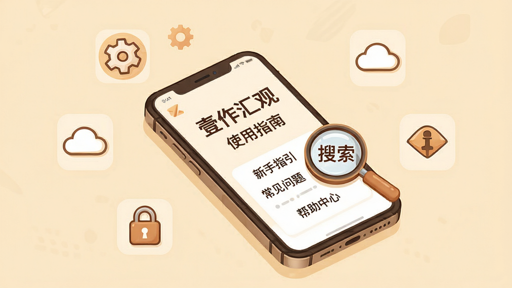 主体:一部智能手机斜放,屏幕显示“壹作汇观”的“使用指南”页面,旁边有放大镜图标。布局:手机居中,周围环绕着几个小图标(如设置齿轮、云朵、锁头)。排版:简洁直观,图标排列有序。风格:暖色调商务插画风,米色背景。细节:屏幕上有文字“新手指引”、“常见问题”、“帮助中心”,放大镜图标上有“搜索”字样。画质:高清,干净,无多余元素。