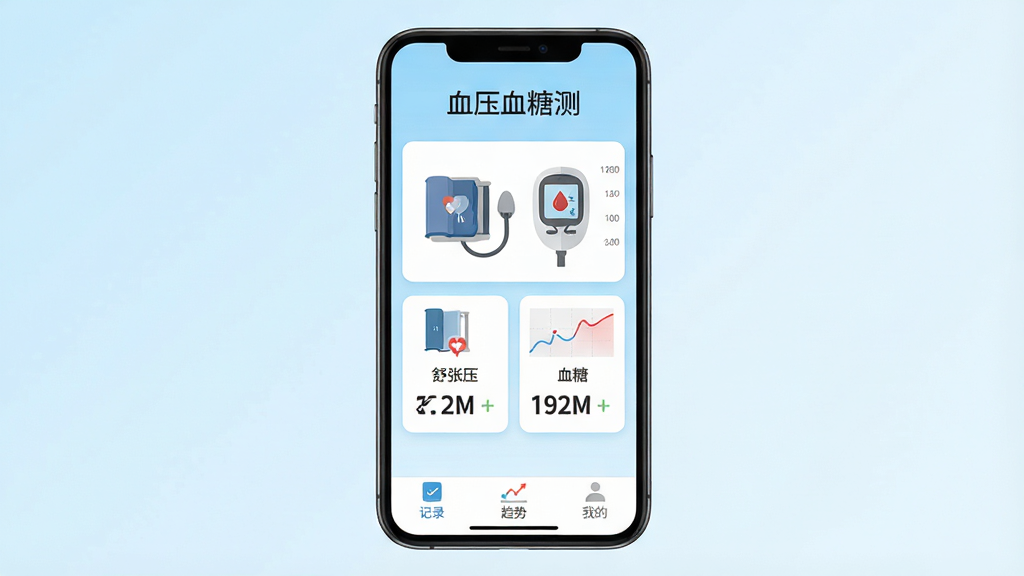 主体:智能手机屏幕展示“血压血糖测”应用界面,屏幕上有血压计和血糖仪的图形,旁边有健康数据曲线。布局:手机居中,背景为浅蓝色渐变,四周留白。排版:手机屏幕内显示“血压血糖测”字样,字下方是血压和血糖的数值卡片。风格:扁平化健康风格,图标简洁。细节:界面有“记录”、“趋势”、“我的”三个底部标签,数据卡片显示收缩压、舒张压、血糖值。画质:高清渲染,干净,无多余元素。