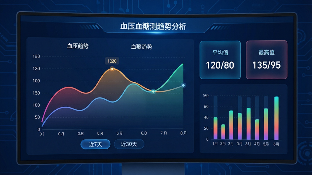 主体:大屏幕显示器展示“血压血糖测”趋势分析图表,包含血压曲线和血糖柱状图。布局:屏幕左侧为交互式图表,右侧为统计卡片,背景为深蓝色科技感画面。排版:图表上方有“血压趋势”、“血糖趋势”标签,卡片显示“平均值 120/80”、“最高值 135/95”。风格:科技感,数据动效。细节:曲线平滑,柱状图颜色渐变,有坐标轴刻度,底部有“近7天”、“近30天”筛选按钮。画质:高清渲染,干净,无多余元素。