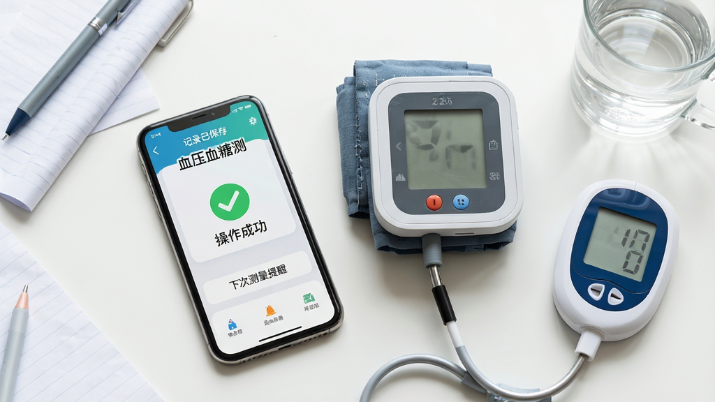 主体:智能手机旁边放着血压计和血糖仪,屏幕上显示“血压血糖测”应用主界面,有一个对勾图标提示“操作成功”。布局:手机和仪器平放在白色桌面上,俯拍视角。排版:手机屏幕上有“记录已保存”、“下次测量提醒”等文字。风格:生活化,健康主题。细节:桌面有纸笔和一杯水,光线明亮,画面整洁。画质:高清实拍风格,干净,无多余元素。