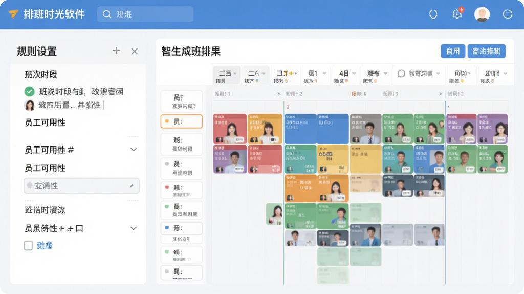 排班时光软件智能排班功能演示图,屏幕左侧为规则设置面板,包含班次时间段与员工可用性选项,右侧显示自动生成的排班结果,以彩色时间块呈现,界面清爽,布局合理,风格扁平化,文字标注清晰,画质干净,无多余元素