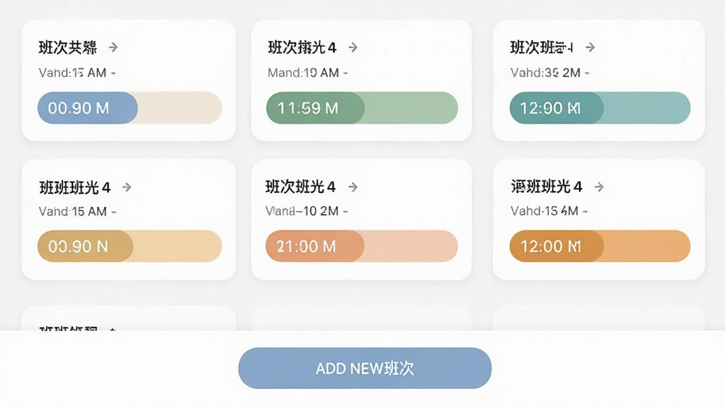 排班时光班次设置界面截图,页面显示多个班次卡片,每个卡片包含班次名称、时间与颜色标识,底部有添加新班次按钮,整体设计简约,色调柔和,文字清晰可读,画质干净,无多余元素