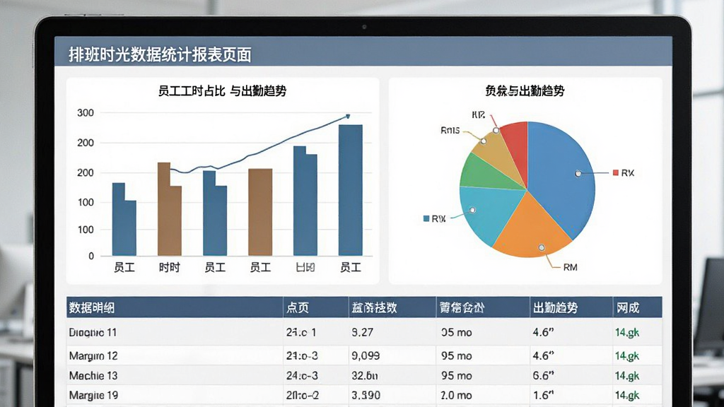 排班时光数据统计报表页面展示,屏幕上显示柱状图与饼图,分别展示员工工时占比与出勤趋势,下方为数据明细表格,整体风格商务简洁,色彩搭配专业,图表清晰,画质高,无多余元素