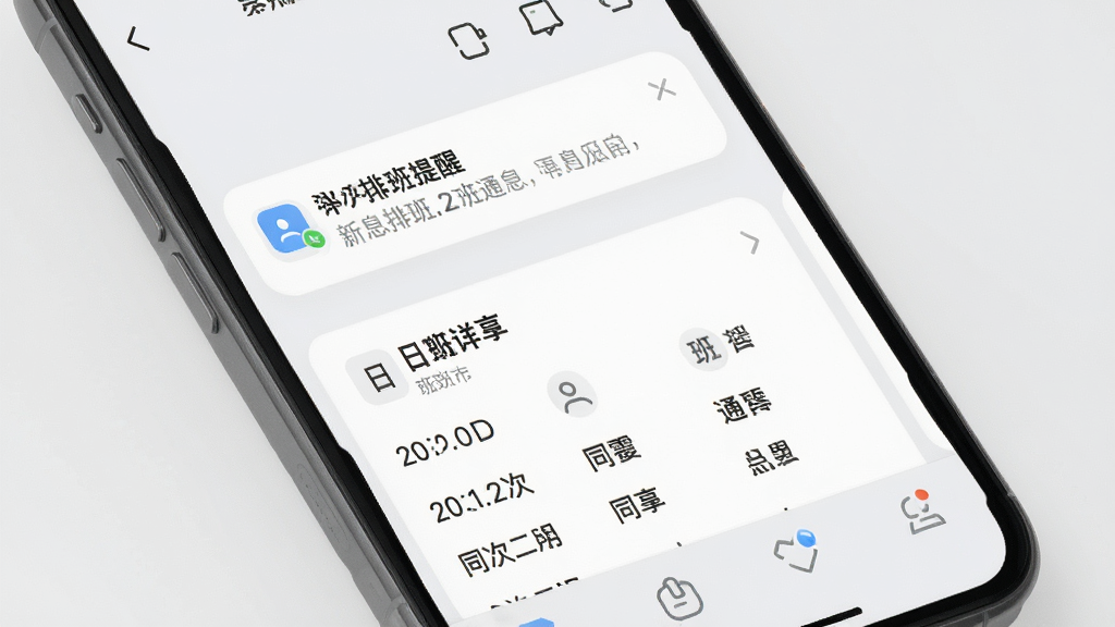 排班时光手机端消息通知界面示意图,屏幕上展示一条新排班提醒通知,下方为排班详情卡片,包含日期、班次时间与同事名单,背景为浅灰色,界面简洁,视觉聚焦,画质清晰,无多余元素
