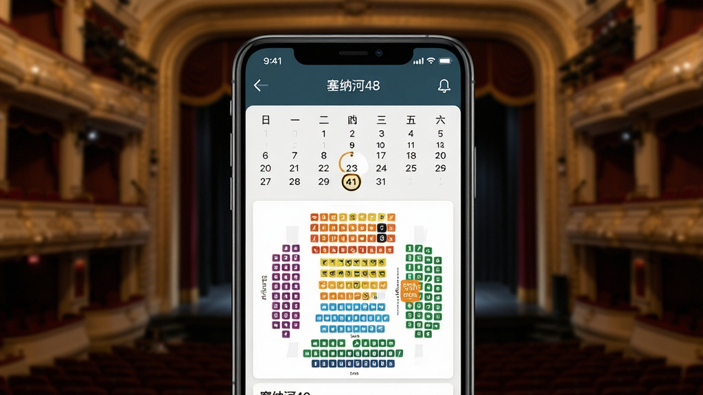 主体:手机屏幕展示“塞纳河48”票务页面,有日历和座位图;布局:手机置于前景,背景是模糊的剧场内部;排版:屏幕内容为视觉焦点,座位图颜色鲜艳;风格:真实场景与UI结合;细节:座位图上显示已选座位,日历高亮日期;画质:清晰,景深效果自然,干净无多余元素。