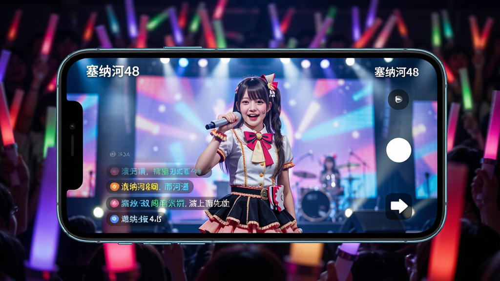 主体:手机横屏播放视频,屏幕上是少女偶像在舞台上表演;布局:手机占据画面中央,背景是应援棒海洋;排版:视频画面清晰,弹幕飘过;风格:演唱会现场感;细节:手机屏幕上有“塞纳河48”水印,画面色彩鲜艳;画质:超清画质,动感十足,干净无多余元素。