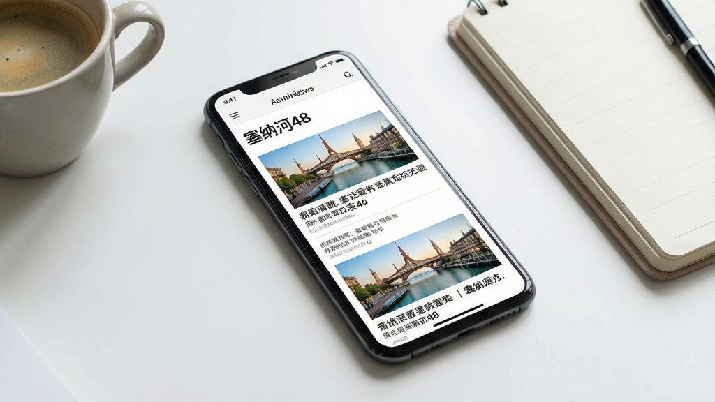 主体:手机平放在桌面上,屏幕展示“塞纳河48”资讯页面,包含新闻列表与图片;布局:手机居中,周围有咖啡杯和笔记本作为陪衬;排版:页面布局清晰,有图文混排;风格:清新简约的办公风格;细节:屏幕上的新闻标题清晰可见,配图精美;画质:高分辨率,光线自然,干净无多余元素。