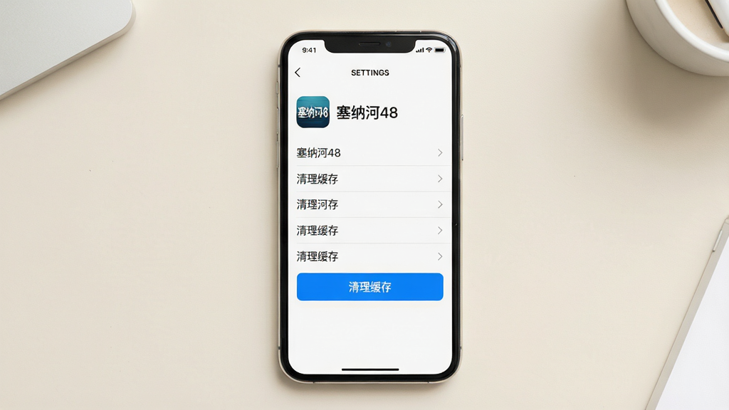 主体:一部手机屏幕显示“塞纳河48”应用设置页面,有“清理缓存”按钮;布局:手机居中,背景是简洁的浅色桌面;排版:设置列表清晰,按钮醒目;风格:简约实用风格;细节:屏幕上有应用图标和“塞纳河48”字样;画质:高清,明亮,干净无多余元素。
