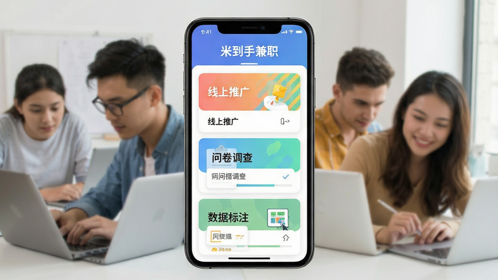 一张手机屏幕展示米到手兼职APP主界面,顶部显示“米到手兼职”字样,下方排列着各种兼职任务卡片,如“线上推广”、“问卷调查”、“数据标注”,色彩明亮,风格简洁现代,人物背景为忙碌的年轻人,画质高清,干净无多余元素