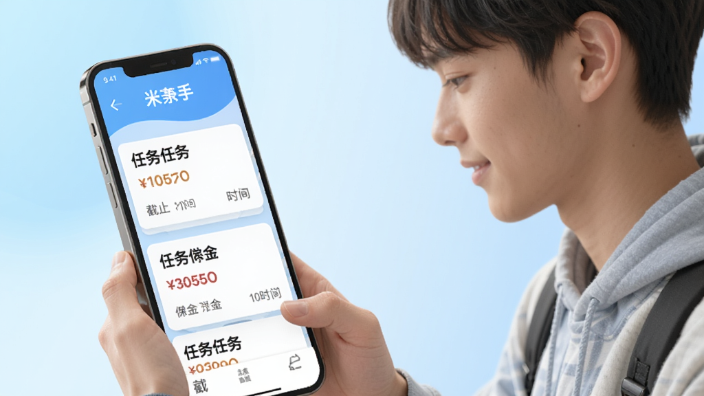 展示米到手兼职APP中的任务列表页面,屏幕中显示多个任务卡片,每张卡片上有任务名称、佣金金额和截止时间,背景为浅蓝色渐变,人物为正在手机上浏览任务的学生,画面明亮清新,画质干净,无多余元素