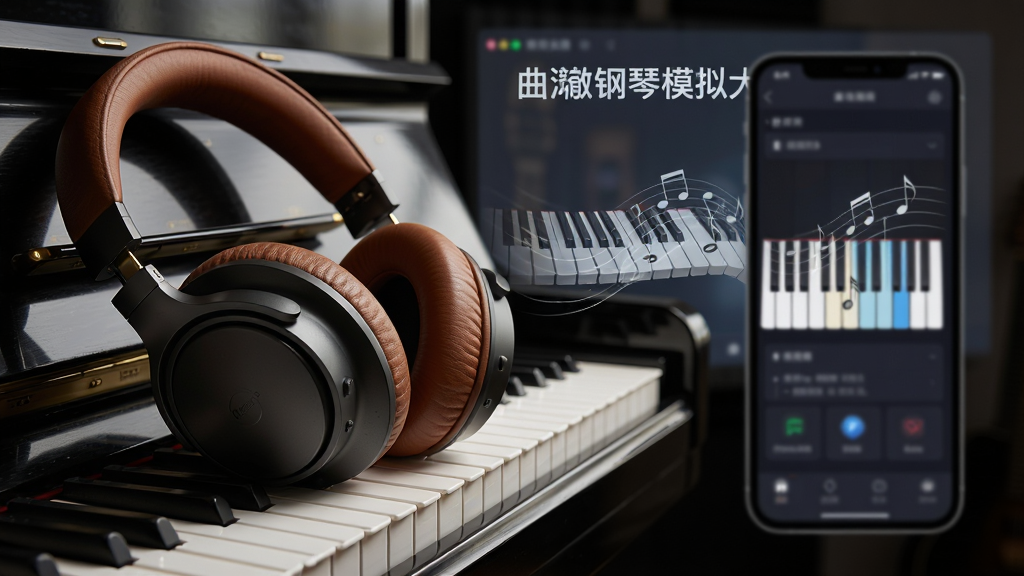 主体:一副高端头戴式耳机放置在钢琴键盘上,背景是“曲钢琴模拟大师”应用界面投影。布局:耳机占据前景左侧,右侧为模糊处理的手机应用界面。排版:中心构图,耳机与界面形成对角线呼应。风格:静谧、高品质质感。细节:耳机皮质纹理清晰,界面上的琴键与音符仿佛在流动。画质:高解析度,画面干净,无多余元素,营造沉浸式音乐氛围。