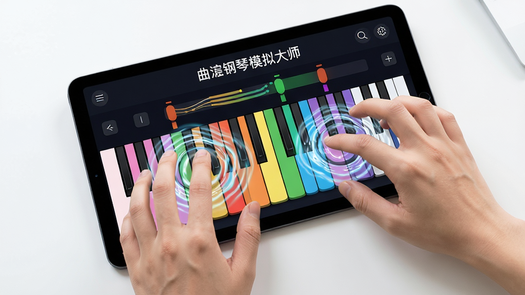 主体:一双灵巧的手在平板电脑上的“曲钢琴模拟大师”应用界面进行多指和弦演奏。布局:平板电脑平放于桌面,双手悬于屏幕上,界面显示彩色琴键和音高指示条。排版:俯拍视角,突出双手与屏幕的互动。风格:现代、动感、充满活力。细节:手指按下琴键时带有水波般的彩色光晕反馈,界面清晰显示“曲钢琴模拟大师”。画质:明亮清晰,动作流畅,背景简洁,无多余元素。