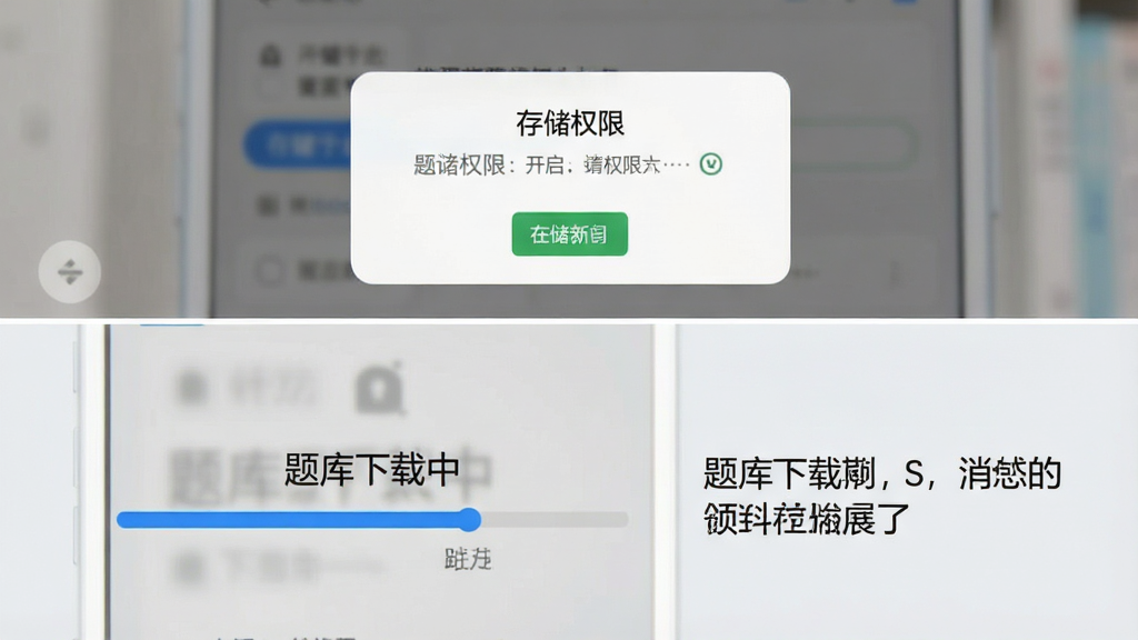 一张手机截图教程示意图,画面分为上下两部分,上半部分显示“存储权限”开启弹窗,下半部分显示“题库下载中”进度条,旁边配文字说明,背景浅灰色,图片清晰,无多余元素