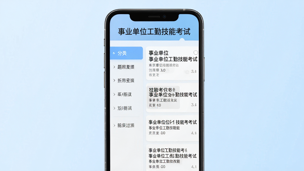 一张竖版手机界面展示图,界面顶部显示“事业单位工勤技能考试”字样,主屏幕为题库列表,左侧有分类菜单,右侧显示题目预览,背景为淡蓝色渐变,整体风格简洁清爽,界面UI设计现代化,图片清晰,无多余元素