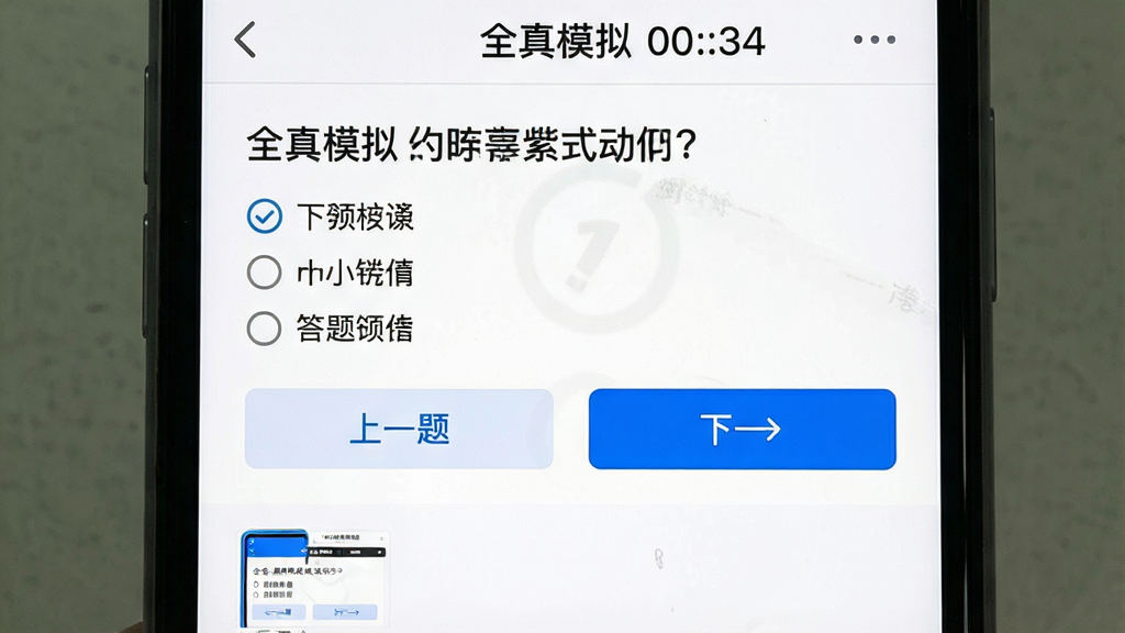 一张手机模拟考试答题界面特写,顶部显示“全真模拟”和倒计时,中间为单选题题干和四个选项,底部有上一题、下一题按钮,界面下方有答题卡缩略图,整体以白色为主,蓝色高亮选中项,画质干净清晰,无多余元素