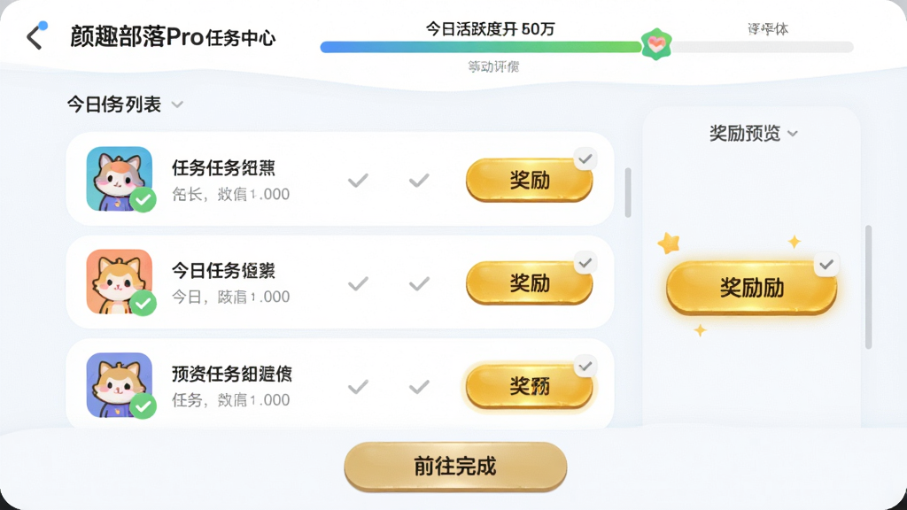 主体:颜趣部落Pro的任务中心界面,展示今日任务列表和奖励预览。布局:列表式布局,每项任务左侧为任务图标,右侧为奖励按钮。排版:顶部有进度条显示今日活跃度。风格:清新活泼的UI风格。细节:任务图标有打勾状态,奖励按钮用金色突出,底部有“前往完成”按钮。画质:高清,干净,无多余元素。