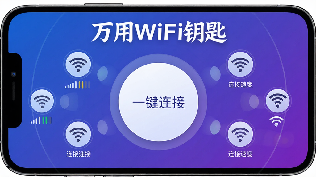 ͼƬչʾ�ֻ������������棬�м���һ���޴��Բ�Ρ�һ�����ӡ���ť����Χ�����Ŷ��WiFi�ź�Դͼ�꣬���汳��Ϊ���������ɫ�Ƽ��з���������ơ�����WiFiԿ�ס��԰�ɫ���������ڶ��������������в�Σ�ϸ�ڰ����ź�ǿ�����������ٶȱ�ʶ������ϸ��ɾ����޶���Ԫ��