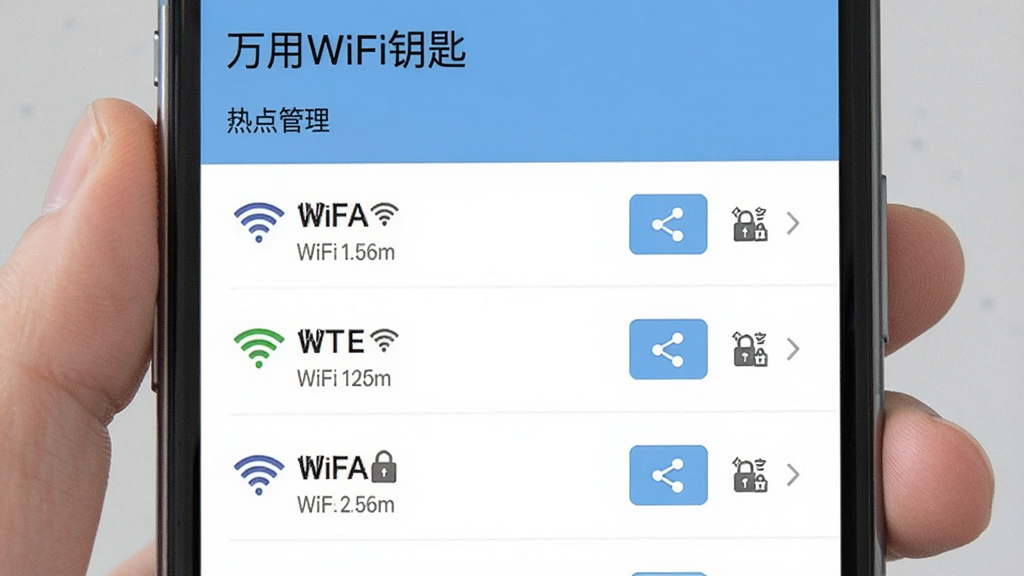 ����չʾ�ֻ�APP�ڡ��ҵ��ȵ㡱����ҳ�棬�б���ʽ���ֶ��WiFi�������ź�ͼ�꣬ÿ����Ŀ�Ա��з�����ť�͹����˵�������Ϊǳ��ɫ�����񣬶���������д�С�����WiFiԿ�ס������ȵ���������������ּ�Լ������ϸ�ڰ����ź�ǿ���������ͼ�꣬���ʸɾ��޶���Ԫ��