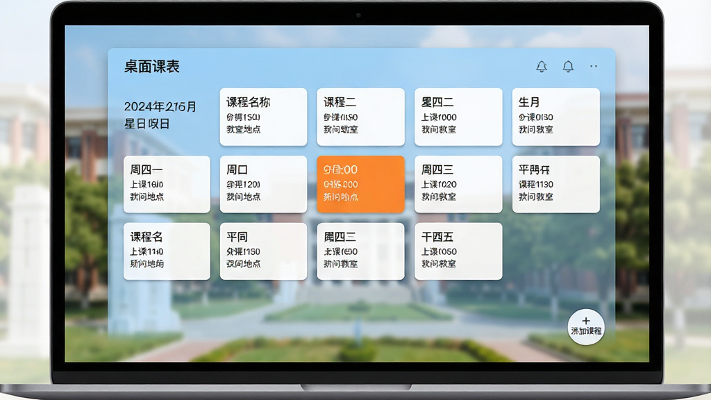 主体为一张笔记本电脑屏幕特写,屏幕中央显示“桌面课表”软件主界面,界面采用浅蓝与白色为主色调的扁平化设计风格,桌面壁纸为模糊的校园背景。布局为界面左上方显示当前日期和星期,主体区域以网格形式排列周一至周五的课程卡片,每张卡片上清晰标明课程名称、上课时间和教室地点,当前时间对应的课程卡片高亮为橙色。排版干净整洁,卡片间距均匀,页面右下角有一个圆形的“+添加课程”按钮。风格为现代极简UI设计,细节之处可见课程卡片边缘有细微阴影增加立体感。画质为4K高清渲染,画面干净无多余元素,无其他桌面图标干扰。
