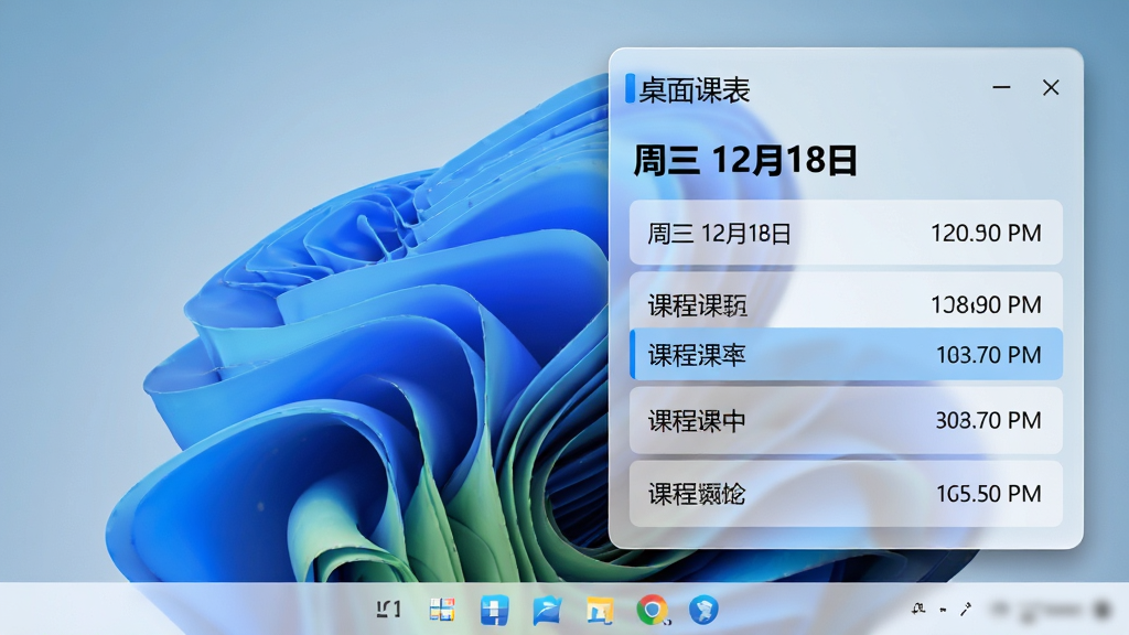 主体为Windows 11系统桌面右侧悬浮着一个“桌面课表”独立小部件,布局为纵向列表形式,顶部第一行加粗显示“周三 12月18日”,下方依次排列四行课程信息,每行左侧为课程名,右侧为上课时间区间,当前正在进行的一行课程添加了浅蓝色背景条。排版紧凑有序,字体为微软雅黑风格。风格为毛玻璃半透明亚克力材质效果,细节上桌面背景为一张自然风景照片,小部件边缘有柔和的投影。画质为高分辨率写实风格,画面干净,无任务栏和其他窗口干扰,突出小部件的精致感。