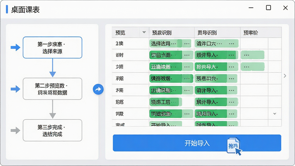 主体为“桌面课表”软件的导入向导界面截图,布局为左侧显示一个流程图步骤条(第一步选择来源,第二步预览数据,第三步完成),右侧主体区域展示一个预览表格,表格内数据被绿色高亮标记为可正确识别的字段,下方有一个蓝色“开始导入”按钮。排版清晰,有引导性箭头图标。风格为干净的商务UI风格,界面边缘有浅灰色边框。细节上,导入按钮旁有一个小型的文档图标,表示支持文件拖拽。画质为清晰锐利的矢量插画风格,画面干净,无多余浏览器窗口或代码元素。