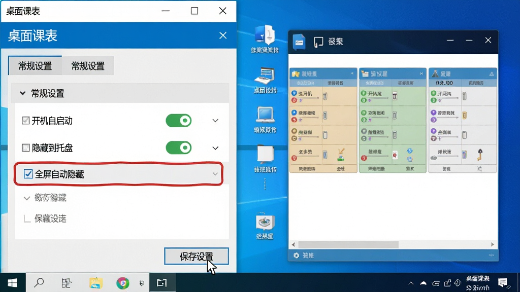 主体为一张电脑屏幕截图,屏幕左侧打开着“桌面课表”的设置面板,右侧显示着运行正常的桌面课表组件。布局为设置面板中“常规设置”选项卡被展开,其中“开机自启动”和“隐藏到托盘”两个开关处于打开状态,并有一个红色边框标记着“全屏自动隐藏”选项。排版为左右分栏式结构。风格为写实的屏幕摄影风格,细节上可以看到鼠标指针悬停在“保存设置”按钮上。画质为高清细腻,画面干净,展示了软件在Windows系统下的最佳运行状态。