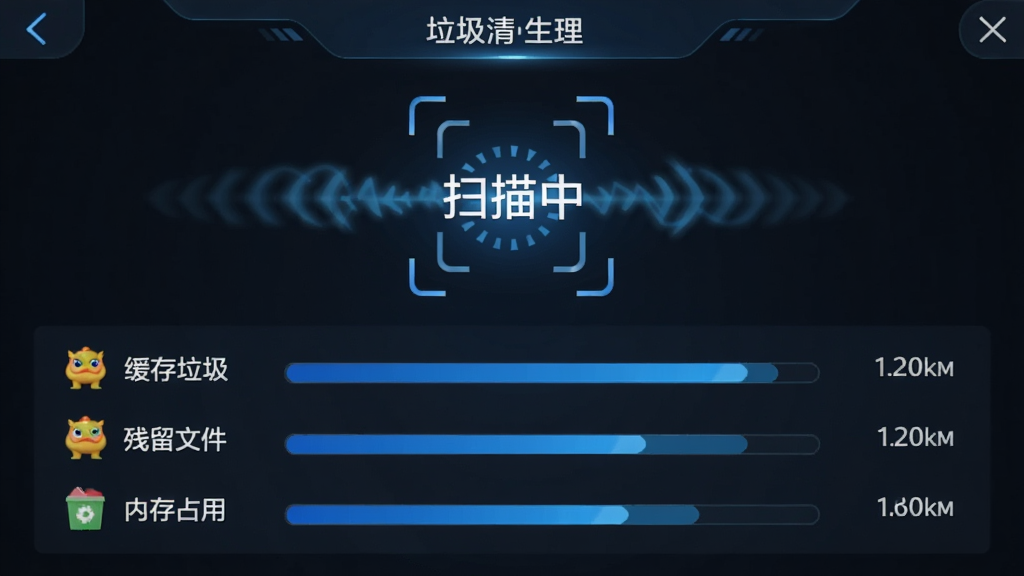 一张小貔貅管家进行垃圾清理的界面截图,屏幕中央显示“扫描中”的动画效果,下方列出缓存垃圾、残留文件、内存占用等分类及大小,界面采用蓝色进度条,设计简洁大方,文字清晰,整体风格科技感十足,画质干净,无多余元素。