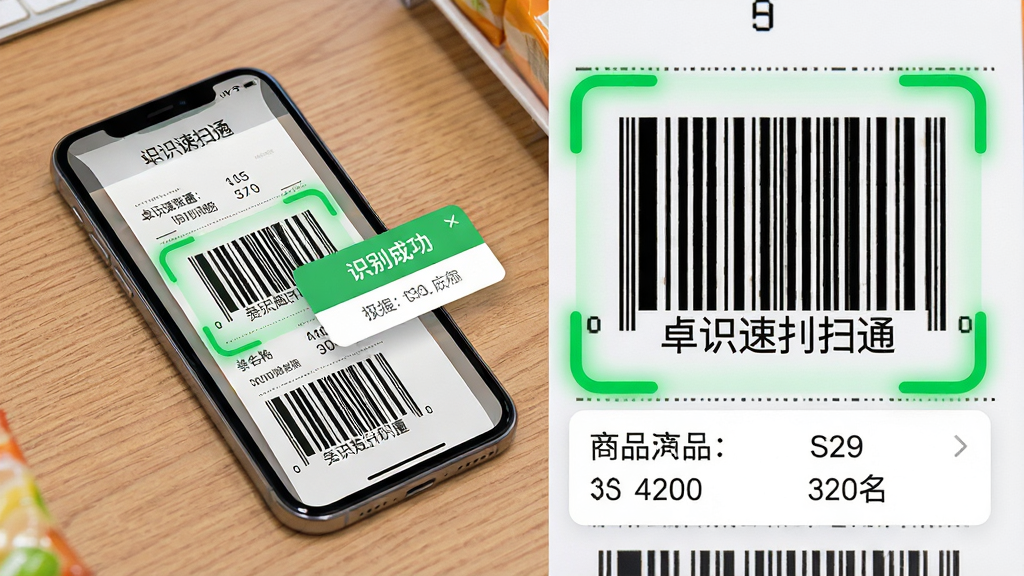 主体:卓识速扫通极速识别功能示意图,手机扫描一张超市购物小票上的条形码。布局:手机斜放于桌面,屏幕中条码被绿色框线锁定,旁边弹出“识别成功”悬浮窗。排版:左右结构,左侧为扫描场景,右侧为放大后的条码细节与解析数据。风格:写实与UI结合,色彩鲜艳明亮。细节:条码纹理清晰,识别框线条流畅,悬浮窗显示商品价格与名称。画质:高清细腻,干净,无多余元素。