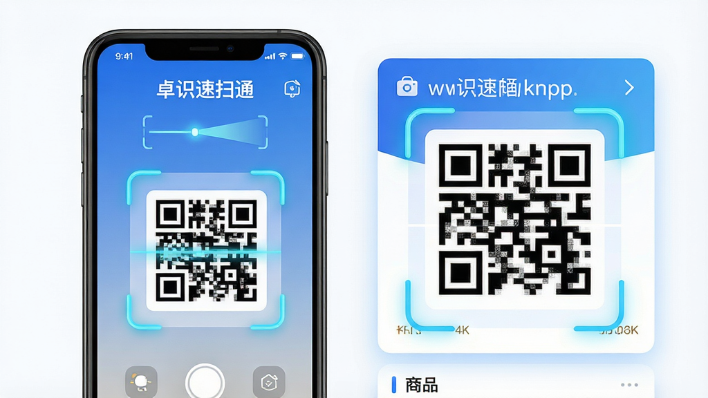 主体:卓识速扫通APP界面展示,手机屏幕内显示扫描框对准一个二维码。布局:手机居中偏左,右侧有放大的扫描结果卡片,显示网址和商品信息。排版:上下结构,上方是APP名称“卓识速扫通”与简洁的扫描线动效,下方为结果展示。风格:现代扁平化设计,主色调为蓝白渐变,干净明亮。细节:二维码清晰,扫描框边角高亮,界面图标精致。画质:4K高清,干净,无多余元素。