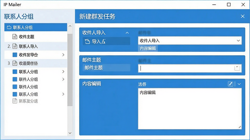 IP Mailer软件界面截图,左侧为“联系人分组”列表,右侧为“新建群发任务”窗口,包含“收件人导入”“邮件主题”“内容编辑”区域,界面布局清晰,蓝色主色调,现代扁平化设计,文字标签清晰可读,干净无多余元素