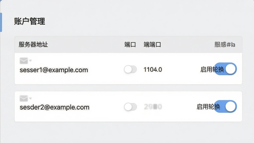 IP Mailer的“账户管理”界面,显示两个邮箱账户“sender1@example.com”和“sender2@example.com”,每个账户右侧有“启用轮换”开关,界面简洁,表格形式展示服务器地址与端口,背景为浅灰色,专业感,干净