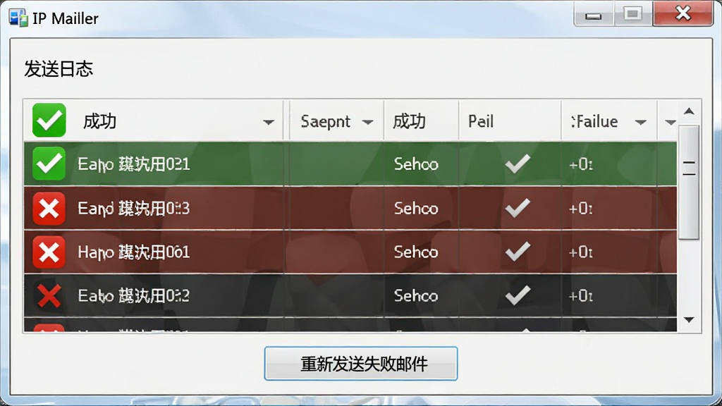 一张电脑截图,显示IP Mailer软件的“发送日志”界面,绿色对勾表示成功,红色叉号表示失败,下方有“重新发送失败邮件”按钮,界面直观,便于用户查看,画面清晰,明亮环境,干净无多余元素