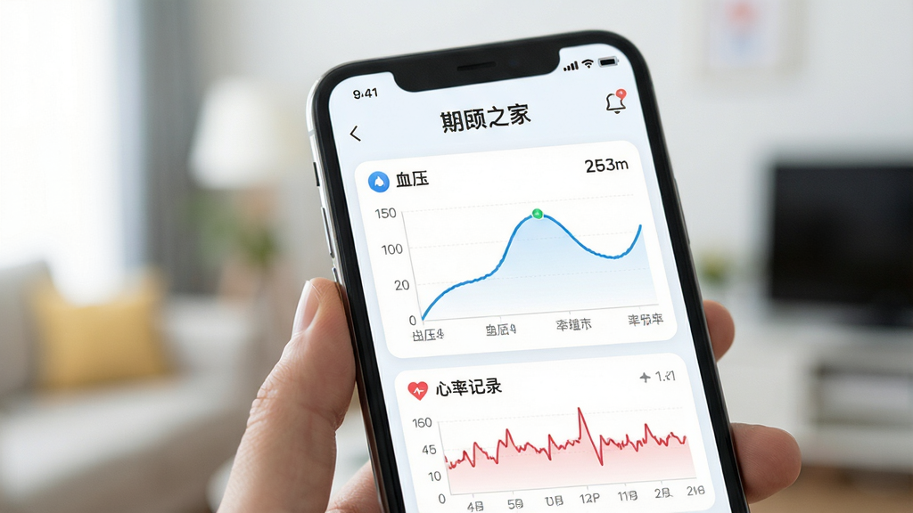 特写镜头展示手机屏幕上的“期颐之家”健康数据图表页面,界面简洁清晰,显示血压曲线和心率记录,背景虚化处理,突出数据可视化效果,采用明亮清新的UI设计风格,干净整洁,无多余元素