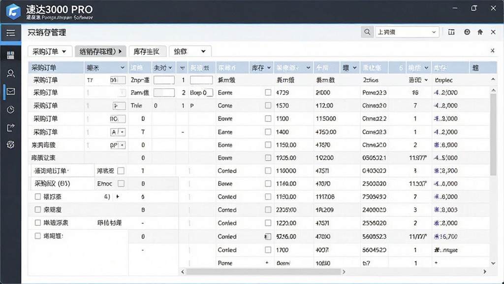 速达3000 PRO软件进销存管理功能界面图,展示采购订单和库存列表的详细数据,表格布局整齐,有清晰的分类标签,风格为现代化企业管理软件样式,界面明亮,细节丰富,画质干净