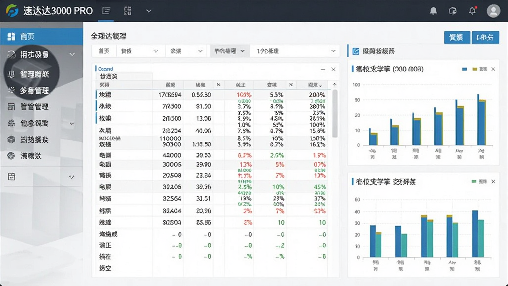 速达3000 PRO管理软件主界面预览图,展示清晰的导航栏和功能模块布局,界面风格商务简洁,色彩搭配专业,突出数据表格和图表展示,整体画质清晰干净,无多余元素