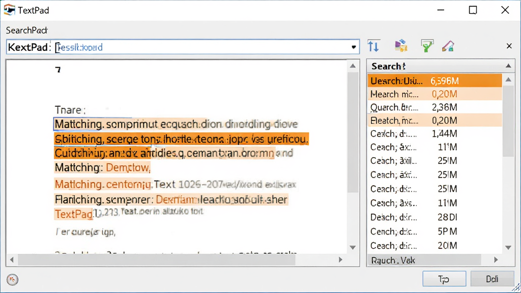 TextPad 搜索对话框,输入关键词后,文档中所有匹配项以橙色高亮显示,右侧显示搜索结果列表,整体界面清晰,功能布局合理,画质高清,干净无多余元素,TextPad 搜索功能预览图