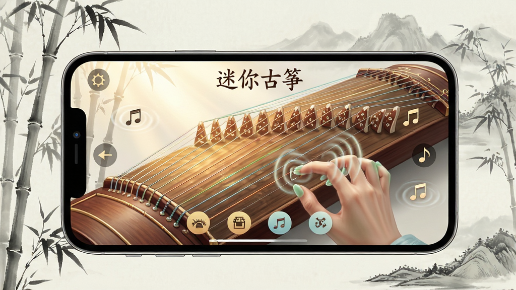 主体:一部智能手机横屏展示迷你古筝应用界面,屏幕中呈现出完整的古筝琴弦与雁柱特写,纤纤玉指正在滑奏琴弦。布局:中心构图,手机位于画面中央,背景为淡雅的水墨竹林与远山,营造优雅意境。排版:手机界面清晰可见“迷你古筝”汉字标题以及下方一排功能图标。风格:写实与插画结合,暖色调光源洒在琴弦上,画面干净通透。细节:琴弦泛着金属光泽,手指动作带起细微音波涟漪特效,界面指示箭头和音符符号点缀四周。画质:8K超高清,细腻渲染,干净,无多余元素。