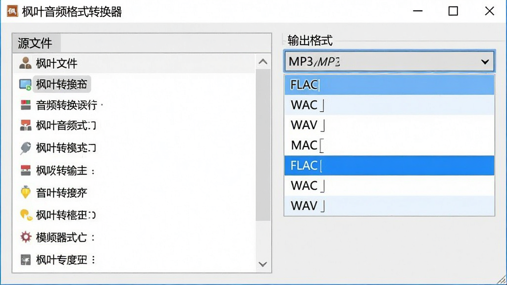 枫叶音频格式转换器格式转换界面截图,左侧源文件列表,右侧输出格式下拉菜单,高亮显示MP3、FLAC、WAV等选项,背景为浅灰色,界面整洁,包含软件名称“枫叶音频格式转换器”,画质清晰,干净无多余元素