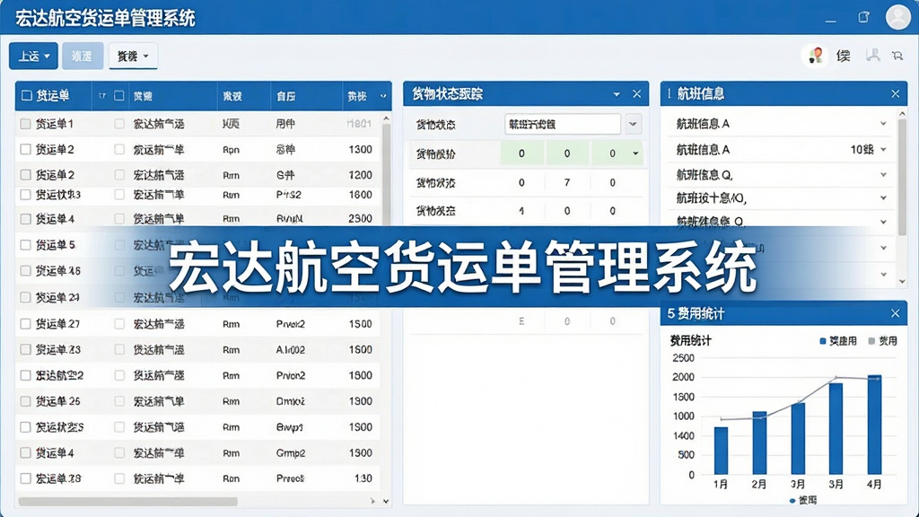 宏达航空货运单管理系统主界面截图,显示货运单列表、货物状态跟踪看板、航班信息栏与费用统计图表,界面布局清晰简洁,采用蓝白商务风格,数据表格排列整齐,屏幕中央醒目显示软件名称“宏达航空货运单管理系统”,整体画面明亮干净,画质高清,无多余元素