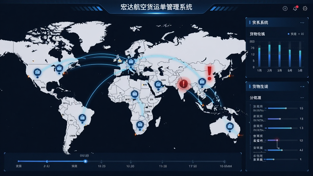 宏达航空货运单管理系统货物追踪地图,显示多个城市之间的航线连线,货物节点以图标标注,异常件用红色感叹号突出,界面带有统计面板与时间轴,整体风格科技感商务风,画面整洁,细节清晰