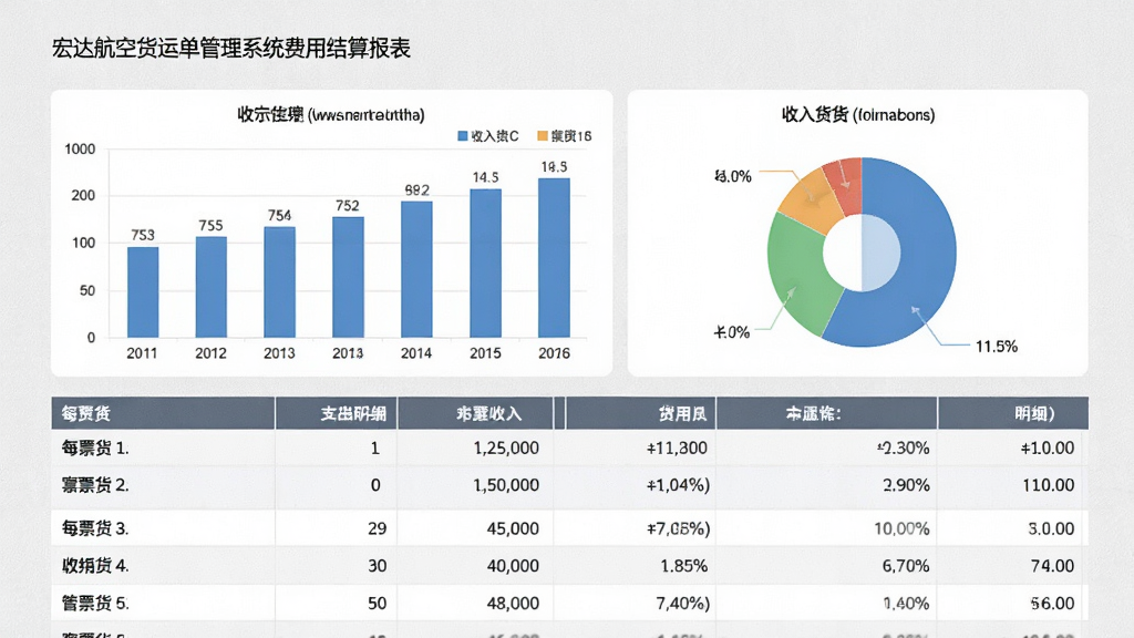 宏达航空货运单管理系统的费用结算报表页面,包含柱状图与饼图展示收入支出结构,下方列出每票货的应收应付明细,表格清晰,背景为淡灰色纹理,整体商务简约风格,无多余元素