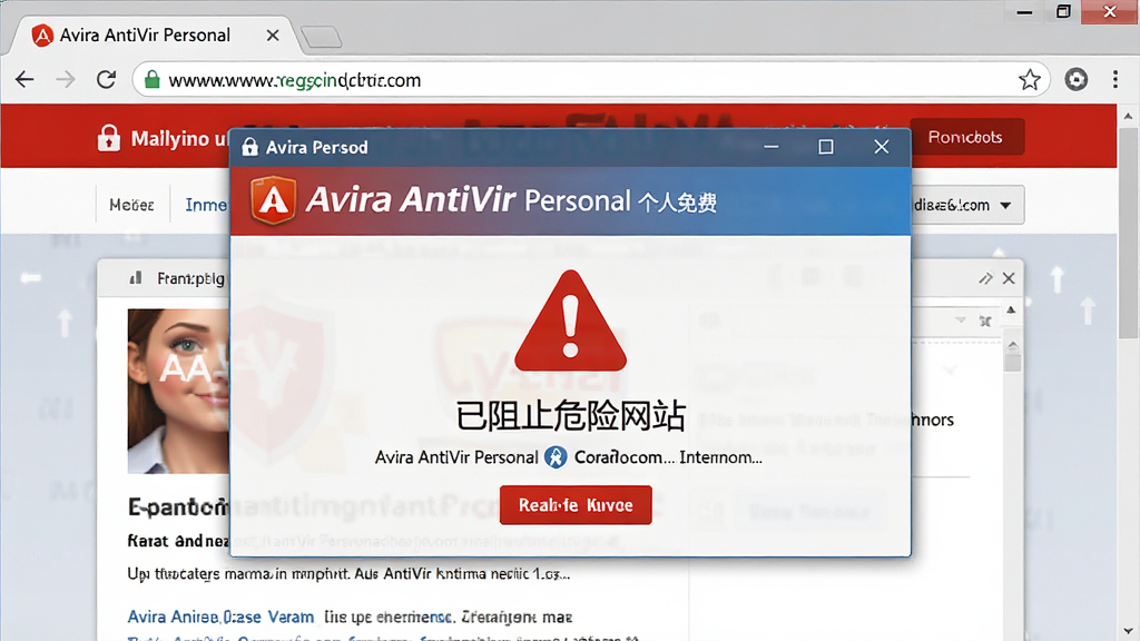 浏览器界面场景图,主体是半透明的Avira AntiVir Personal 个人免费版拦截页面悬浮在恶意网页之上,页面显示红色警告感叹号与“已阻止危险网站”字样。布局为浏览器全屏截图样式,风格写实,色彩以红蓝警示色为主,细节包含网址栏与锁形图标,画面干净,无多余元素
