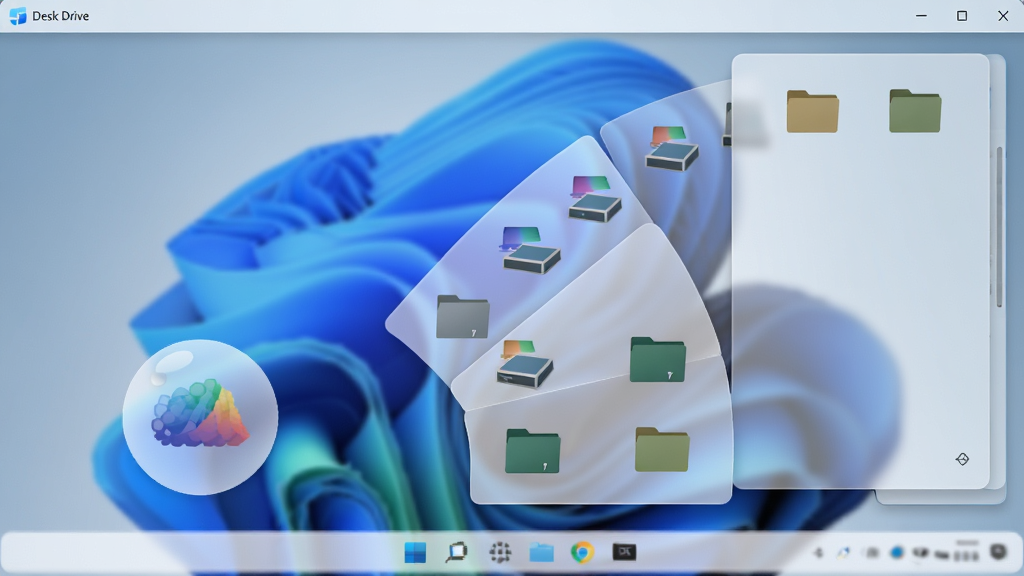 主体:Desk Drive软件主界面在Windows 11浅色模式下的悬浮球与文件窗口。布局:左侧为圆形悬浮球,右侧展开半透明扇形文件菜单,菜单内排列磁盘分区和文件夹图标。排版:悬浮球置于屏幕左下角,文件菜单向上展开,图标间距均匀。风格:扁平化设计,毛玻璃效果,整体明亮干净。细节:文件图标清晰,磁盘分区以不同颜色区分,背景为模糊的桌面壁纸。画质:4K高清,干净,无多余元素。
