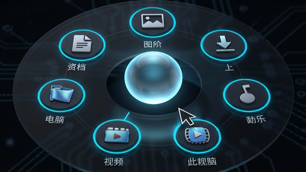 主体:Desk Drive悬浮球被点击后展开的环形菜单特写。布局:中心为发光悬浮球,四周环绕排列6个圆形快捷方式图标,分别对应文档、图片、下载、音乐、视频和此电脑。排版:图标均匀分布成环状,每个图标下方带有中文标签。风格:深色半透明背景,霓虹蓝描边,现代科技感。细节:图标质感细腻,鼠标指针悬停在其中一个图标上并高亮显示。画质:高清渲染,干净,无多余元素。