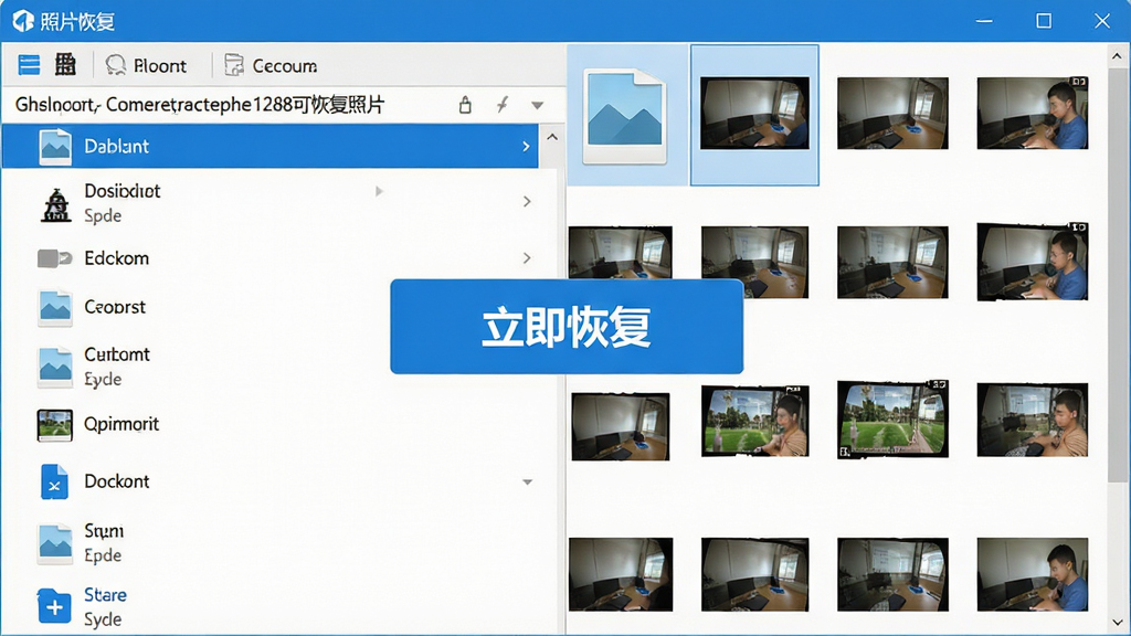 主体:照片恢复软件界面与恢复成功画面;布局:左侧为磁盘扫描列表,右侧显示缩略图网格,中央有“立即恢复”按钮;排版:清晰分区,图标醒目;风格:现代简洁,蓝白配色,扁平化设计;细节:界面显示“扫描完成,共发现128张可恢复照片”,按钮文字“一键恢复”;画质:高清、干净、无多余元素